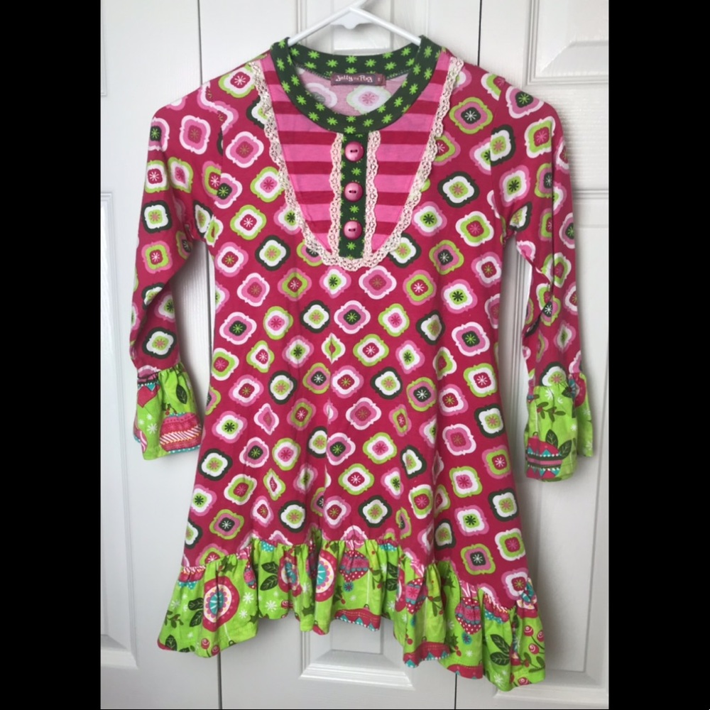 JELLY THE PUG Becca Dress Christmas Ornament Striped Geo Red Green Pink Ruffle
